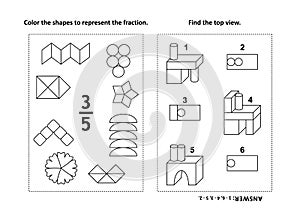 Educational math activity page with two puzzles and coloring - fractions, spatial skills