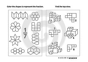 Educational math activity page with two puzzles and coloring - fractions, spatial skills