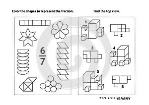 Educational math activity page with two puzzles and coloring - fractions, spatial skills