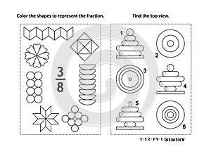 Educational math activity page with two puzzles and coloring - fractions, spatial skills