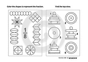 Educational math activity page with two puzzles and coloring - fractions, spatial skills