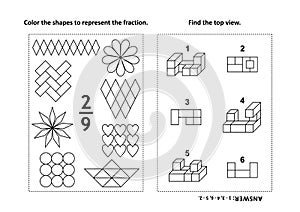 Educational math activity page with two puzzles and coloring - fractions, spatial skills