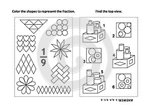 Educational math activity page with two puzzles and coloring - fractions, spatial skills