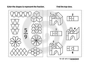 Educational math activity page with two puzzles and coloring - fractions, spatial skills