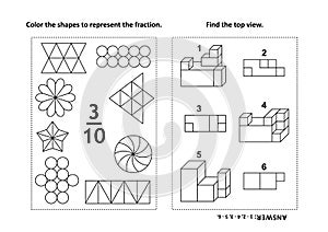 Educational math activity page with two puzzles and coloring - fractions, spatial skills