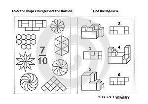 Educational math activity page with two puzzles and coloring - fractions, spatial skills