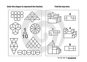 Educational math activity page with two puzzles and coloring - fractions, spatial skills