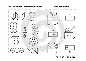 Educational math activity page with two puzzles and coloring - fractions, spatial skills photo