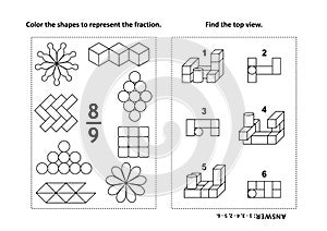 Educational math activity page with two puzzles and coloring - fractions, spatial skills photo