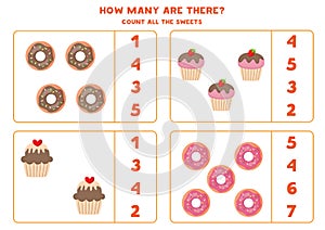 Educational math game for kids. Count donuts and cupcakes