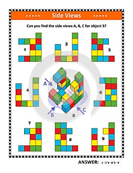 Educational math puzzle with building blocks: Can you find the side views A, B, C for object 5?