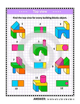 Educational math puzzle: Find the top view for every building blocks object. Answer included.