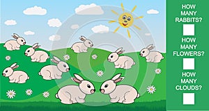 Educational mathematical game for children. Count how many rabbits, flowers, clouds. Vector illustration.