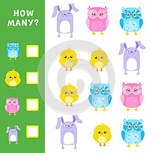 Educational mathematical game for kids. How many animals calculation. Vector illustration