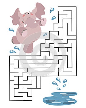 Educational maze for kids, cute cheerful baby elephant and splash lake. Baby preschool illustration, education concept