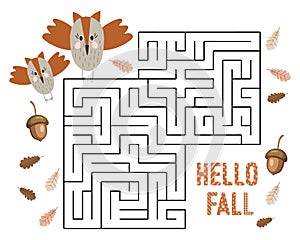 Educational maze for kids, cute owls and acorns. Autumn illustration vector