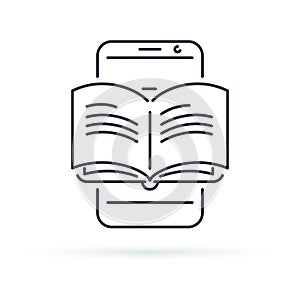 Educational mobile app concept, hand finger touching app smartphone button, opened book, line icon.