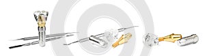 Educational models of dental implants and medical tools on white background, collage. Banner design