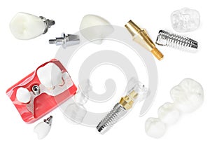 Educational models of dental implants on white background, top view. Collage