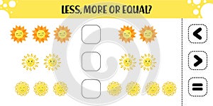 Educational Less, More or Equal Activity with Happy Sun.