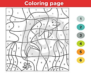 Educational number coloring page for preschool kids. Underwater theme. Cute cartoon dolphin. Vector illustration