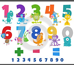 Educational numbers set with fantasy monster characters