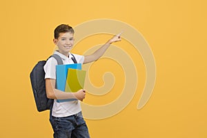 Educational Offer. Smiling Teen Boy Holding Books And Pointing At Copy Space