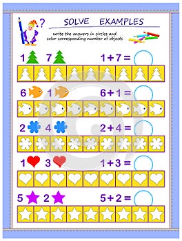 Educational page for children on addition. Solve examples, write the answers in circles and color corresponding number of objects.