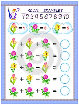 Educational page for children on addition and subtraction. Solve examples, count the quantity of flowers and write numbers.