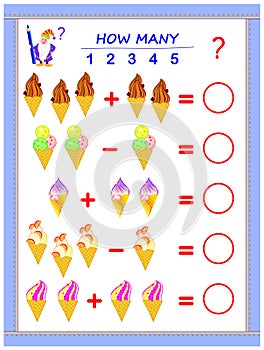 Educational page for children on addition and subtraction. Solve examples, count the quantity of ice creams and write numbers.