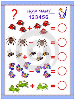 Educational page for children on addition and subtraction. Solve examples, count the quantity of insects and write numbers.