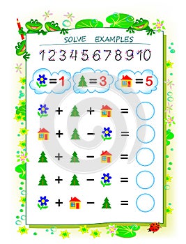 Educational page for children on addition and subtraction. Solve examples and write numbers in circles.