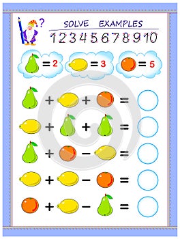 Educational page for children on addition and subtraction. Solve examples and write numbers in circles.