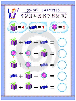 Educational page for children on addition and subtraction. Solve examples and write numbers in circles.
