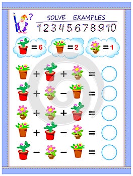 Educational page for children on addition and subtraction. Solve examples and write numbers in circles.