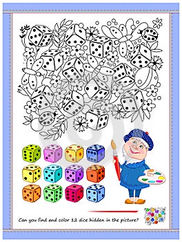 Educational page for children. Can you find and color 12 dice hidden in the picture? Coloring book. I spy puzzle. Printable