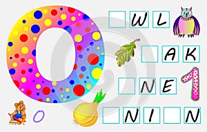 Educational page for children with letter O for study English. Need to write the letters in the empty squares.