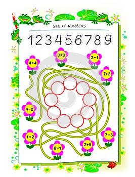 Educational page for children math book with exercises on addition and subtraction. Need to solve examples and write numbers. photo