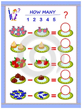 Educational page for children on subtraction. Solve examples, count the quantity of sweets and write numbers in circles.