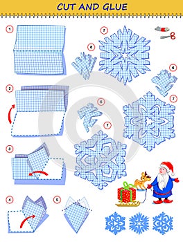 Educational page for children. Template with exercise for kids. Use a scissors to cut from sheet of paper beautiful snowflakes.