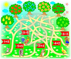 Educational page with exercises for children on addition. Solve examples and draw the way from each animal till correct tree.
