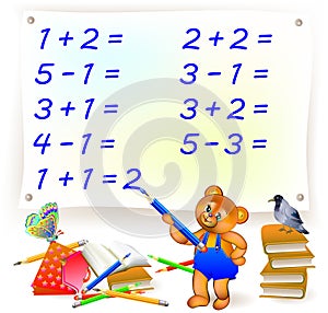 Educational page with exercises for children on addition and subtraction. Help the bear to solve examples and write the numbers.