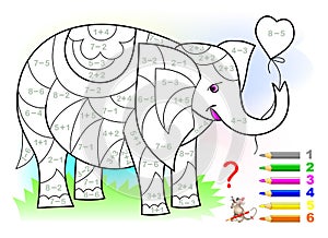 Educational page with exercises for children on addition and subtraction. Need to solve examples and to paint the elephant.