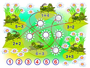 Educational page with exercises for children on addition and subtraction.  Solve examples and draw numbers in circles.