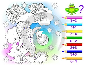 Educational page with exercises for children on addition and subtraction. Solve examples and paint the gnome in relevant colors.