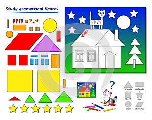 Educational page for kids. Find the corresponding geometric figures and paint the picture. Coloring book. Worksheet for children