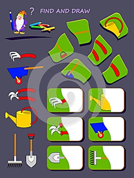 Educational page for kids. Help the wizard find second half of each garden tool. Draw them in correct places.