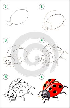 Educational page for kids. How to draw step by step an insect ladybird. Back to school.