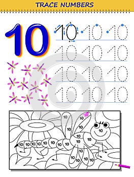 Educational page for kids with number 10. Printable worksheet for children textbook.