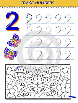 Educational page for kids with number 2. Printable worksheet for children textbook.